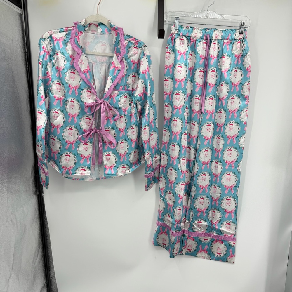 Christmas Pajamas Bow Santa‎ Print Long Sleeve Shirt Pants Pajama Holiday Blue S